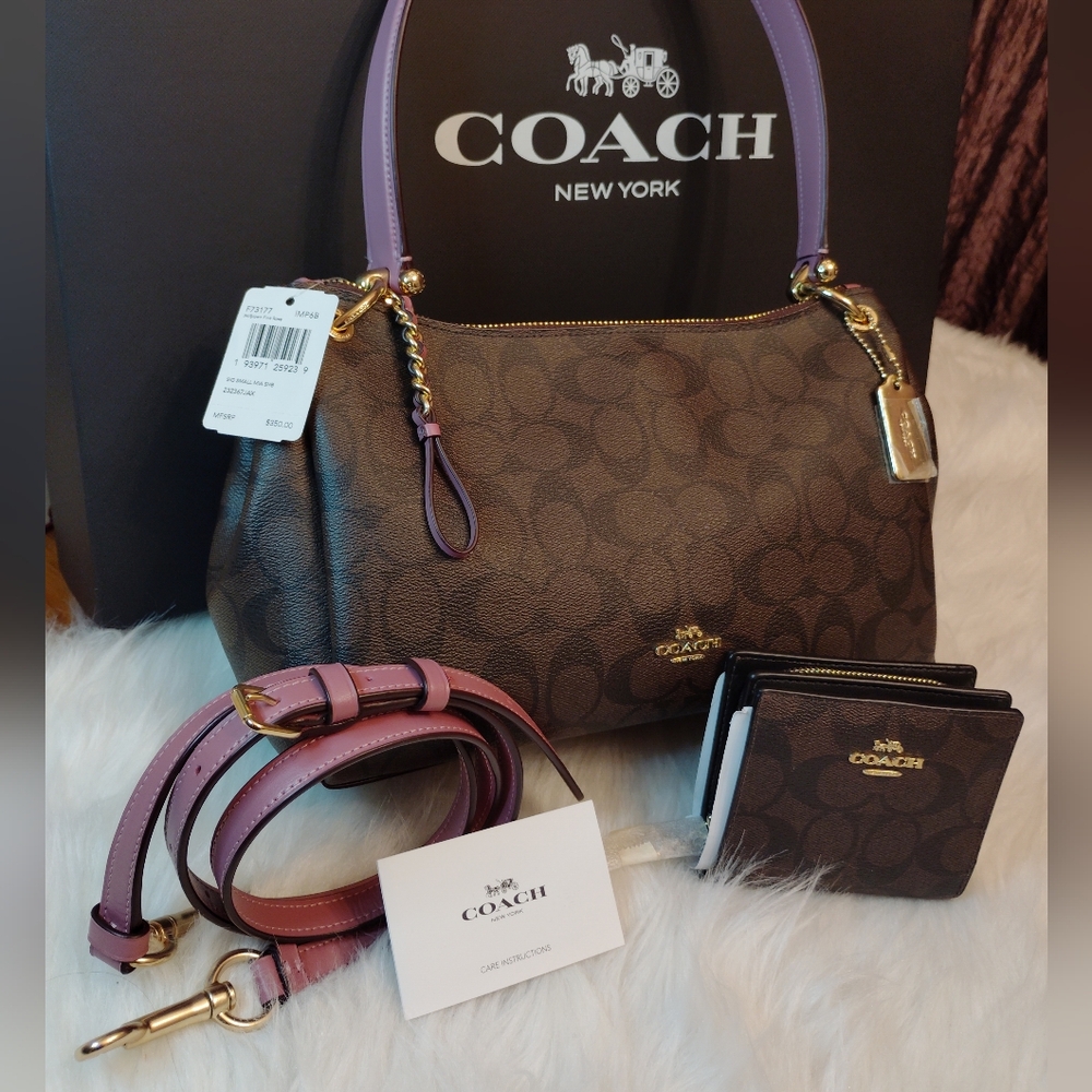 ❤️COACH CROSSBODY BAG Convertible Brown Black PINK SIGNATURE Matching Wallet SET